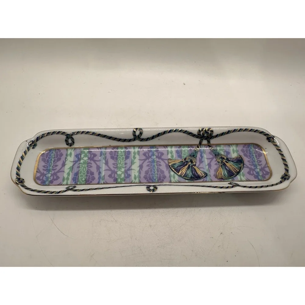 Neiman Marcus Porcelain Vanity Tray Purple Floral Tassel Desk Set Japan